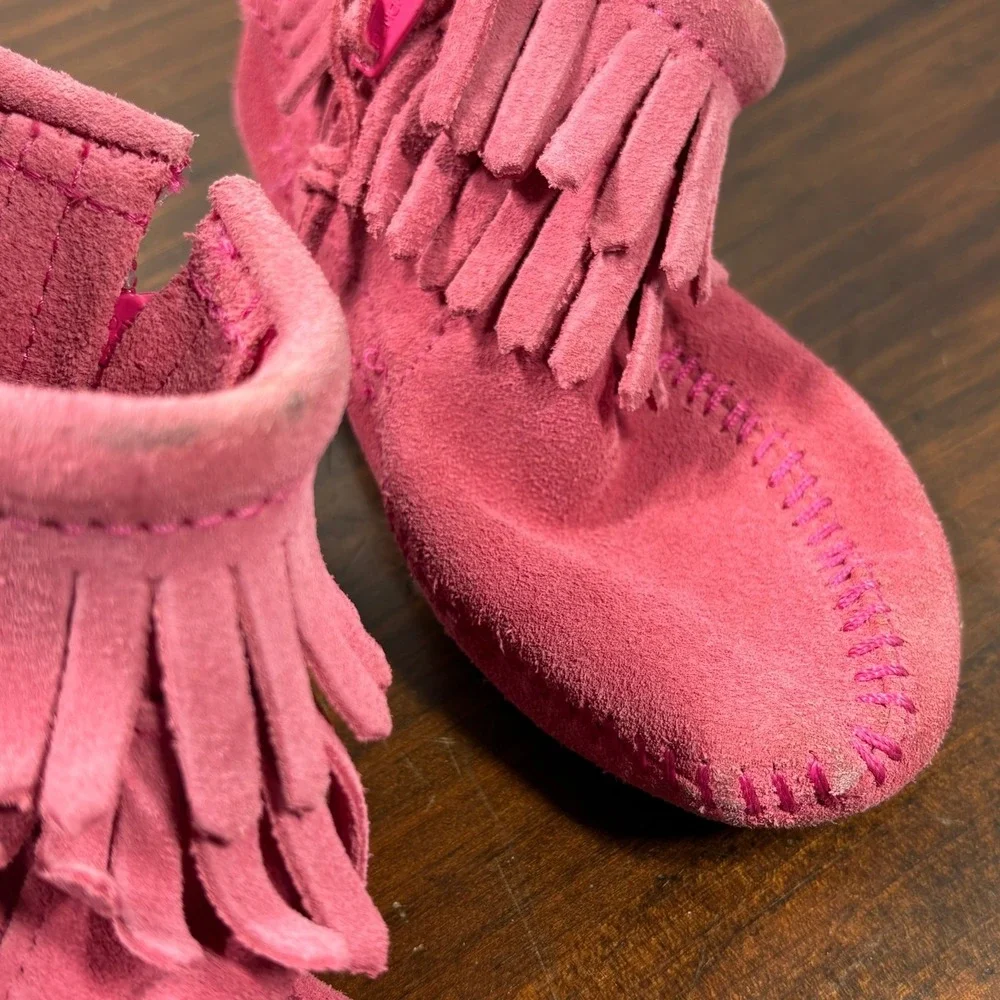 Minnetonka Ankle Boots Girls Size 10 Hot Pink‎ Suede Double Fringe Side Zip 2295